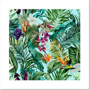 Elegant Tropical floral leaves and foliage botanical illustration, botanical pattern, tropical plants, baby blue leaves pattern over a T-Shirt Posters and Art